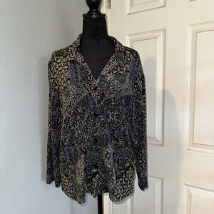 Coldwater Creek Button Down Blouse Size XL Blue Velour Floral Print Long Sleeve!